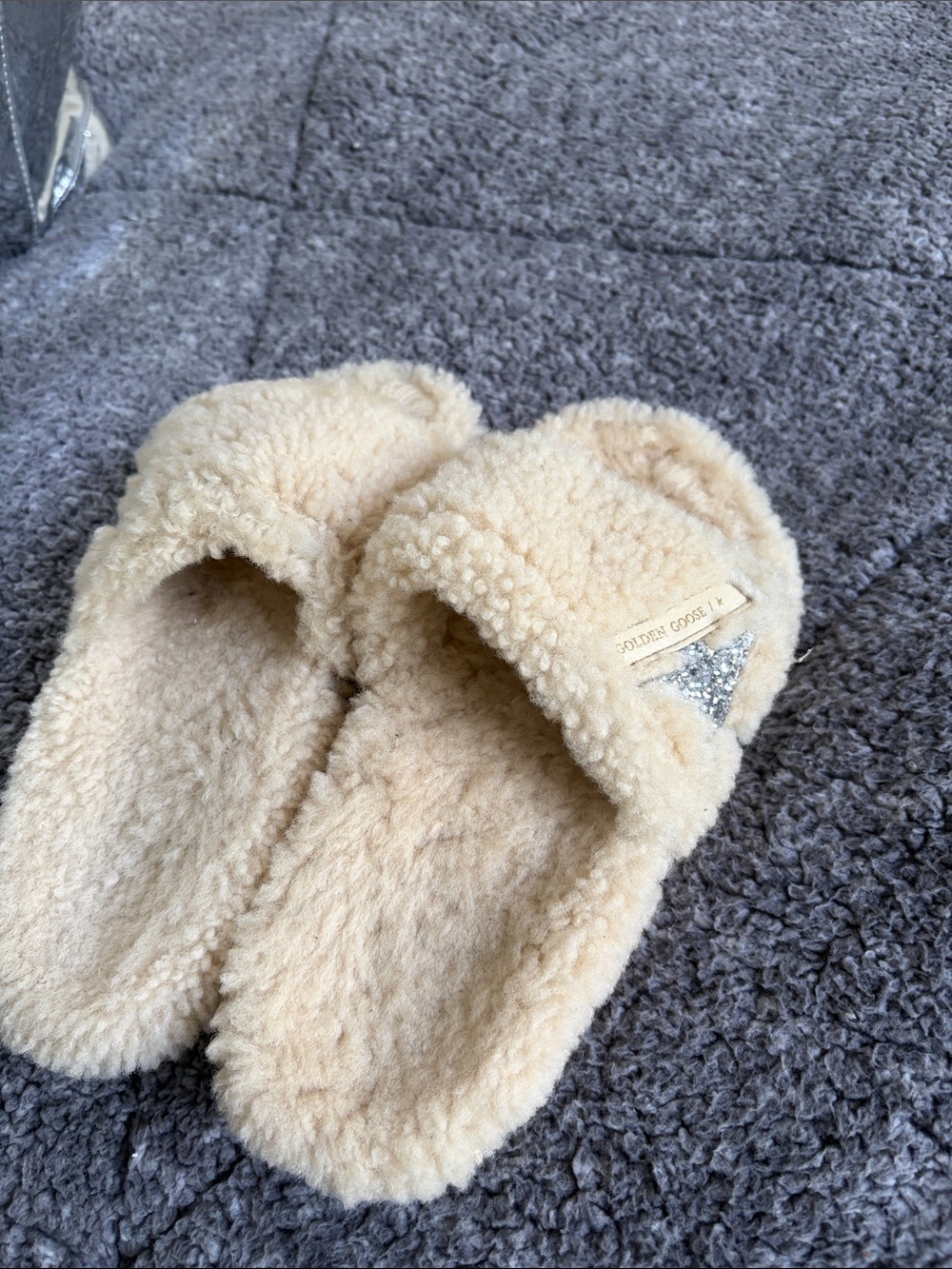 Golden Goose Cream Shearling Slide Slippers with Glitter Star
